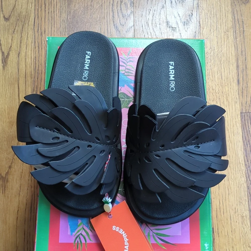 NIB FARM Rio Monstera Anatomic Slide Sandals In Black Women's Size 6